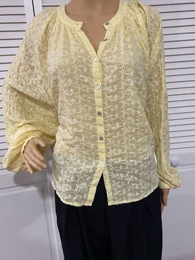 Free People Pale Yellow Embroidered Button-Down Blouse